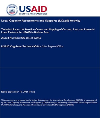A USAID technical paper outlining local capacity assessments in Burkina Faso, detailing census data and potential partners for development activities.